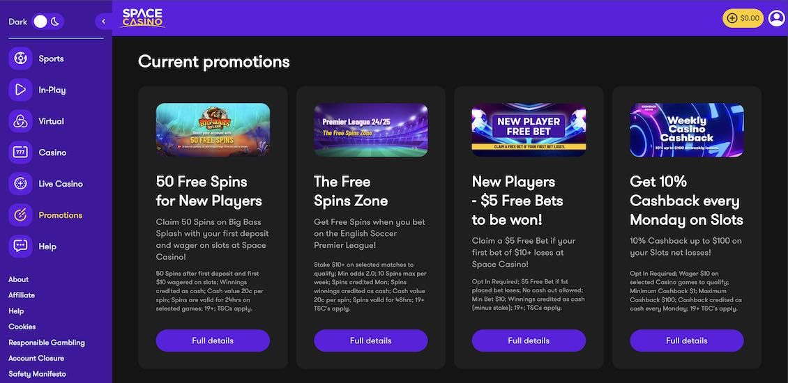 Space casino bonus offer